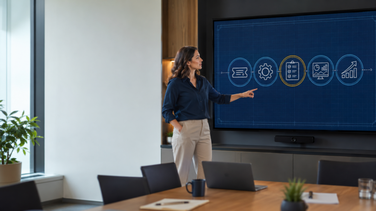 Corporate Tech Presentation with Futuristic Blueprint Display